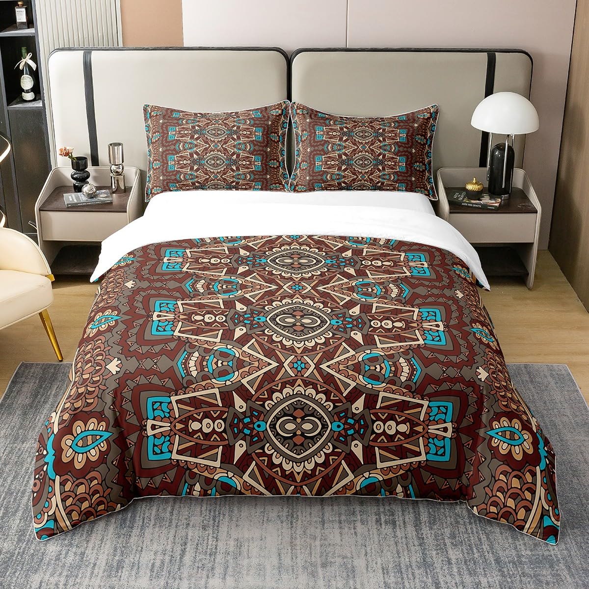 Homewish 100% Washed Cotton Bohemian Style Bedding Set Double,Red Blue Boho Mandala Duvet Cover Set,Soft Retro Comforter Cover,Southwestern Indian Tribal Quilt Cover,Exotic Style Decor Boho Bed Set