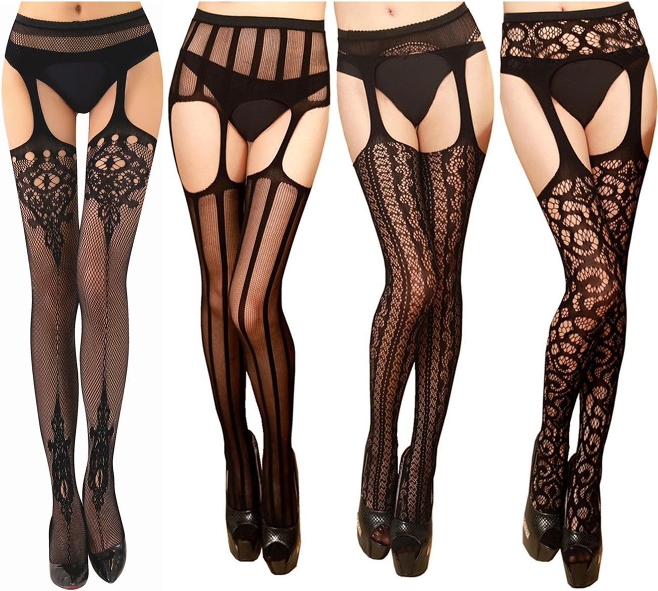 TGD Womens Fishnet Tights Suspender Pantyhose Thigh High Stockings Black 4 Pairs