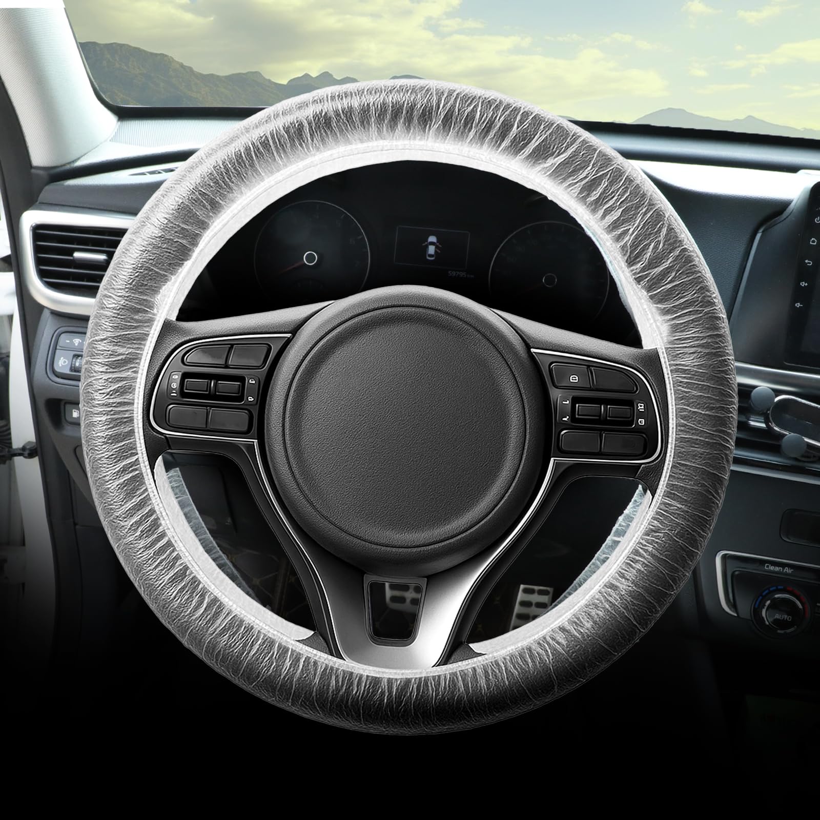 Photo 1 of 100pcs Plastic Disposable Steering Wheel Covers for Cars Universal Plastic Transparent Car Steering Wheel Protector with Elastic Trims Car Accessories for Avoiding Scuffs & Scratches