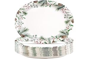 GREENCIAN 50Pcs Christmas Oval Paper Plates 10" X 12" Large Heavy Duty Holly Leaves Red Berries Platters Disposable Green and Red Christmas Dinner Plates for Xmas Winter Holiday Wedding Party Decorations