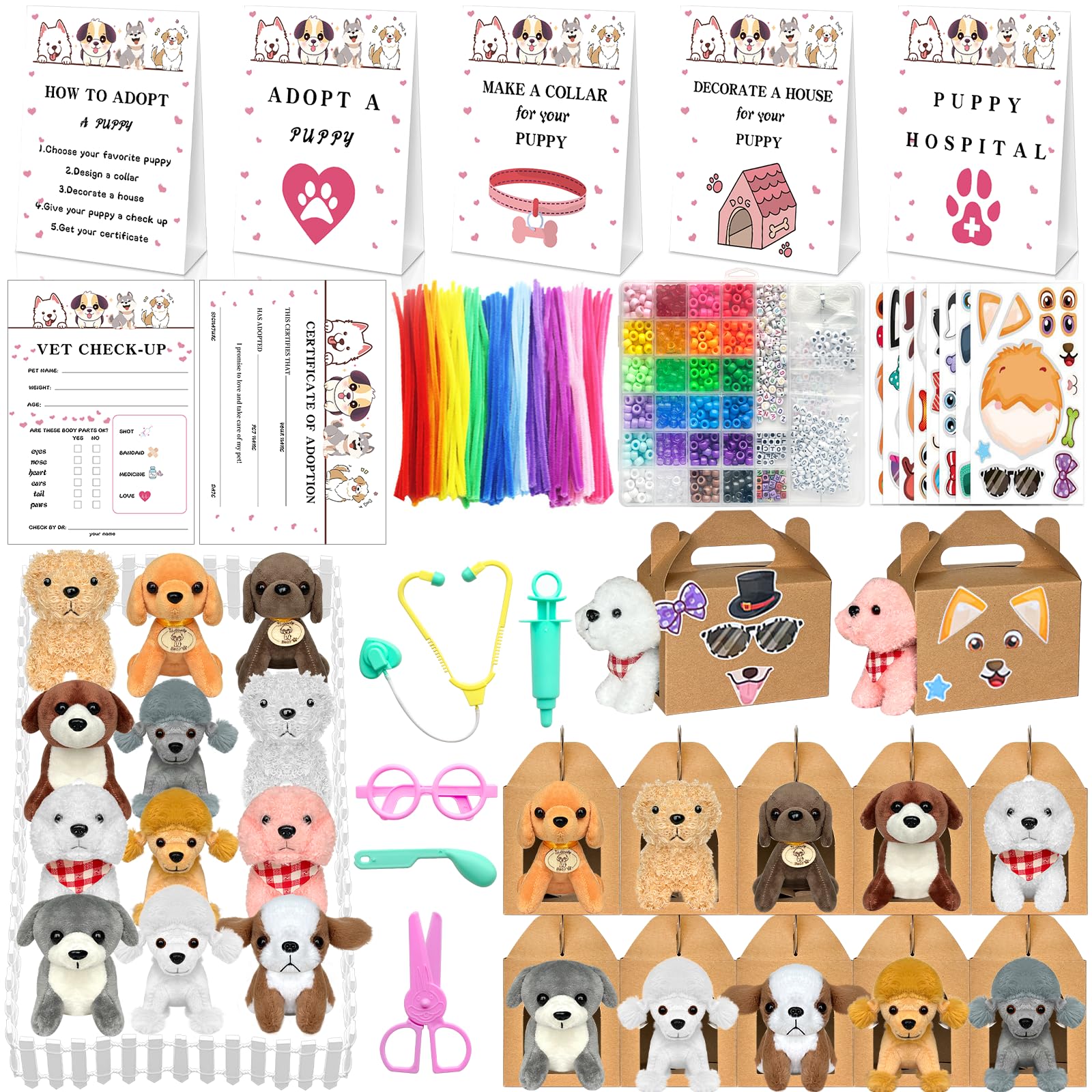 Photo 1 of 180 Pcs Adopt a Dog Party Favors Include 12 Mini Plush Dogs 12 Adoption Card 12 Kraft Boxes 12 Check Card 5 Adopt Sign 24 Puppy Stickers 1 Fence 102 Adopt a Puppy Supplies for Adoption Party (Dog)