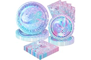 Fighting to Achieve 72PCS Mermaid Birthday Plates and Napkins, Set of 24 Disposable Plates for Sea Themed Birthday Party Decorations, Mermaid Themed Party Supplies