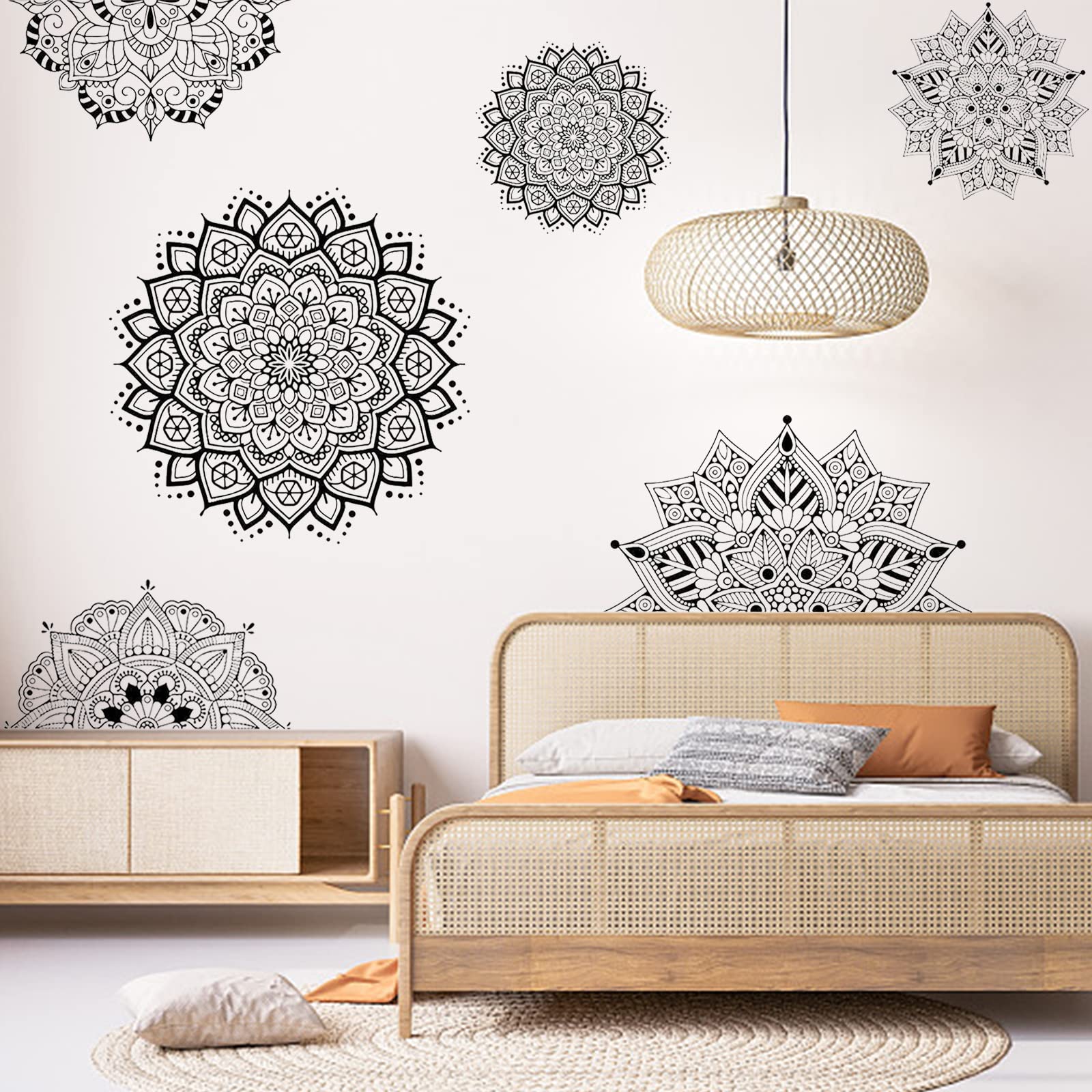 PLIGREAT 8 Pcs Large Black Mandala Wall Stickers, Peel and Stick Wall Decals, Removable Vinyl Boho Wall Sticker for Living Room Bedroom Yoga Meditation Room Wall Decoration Home Indoor Wall Art Decor