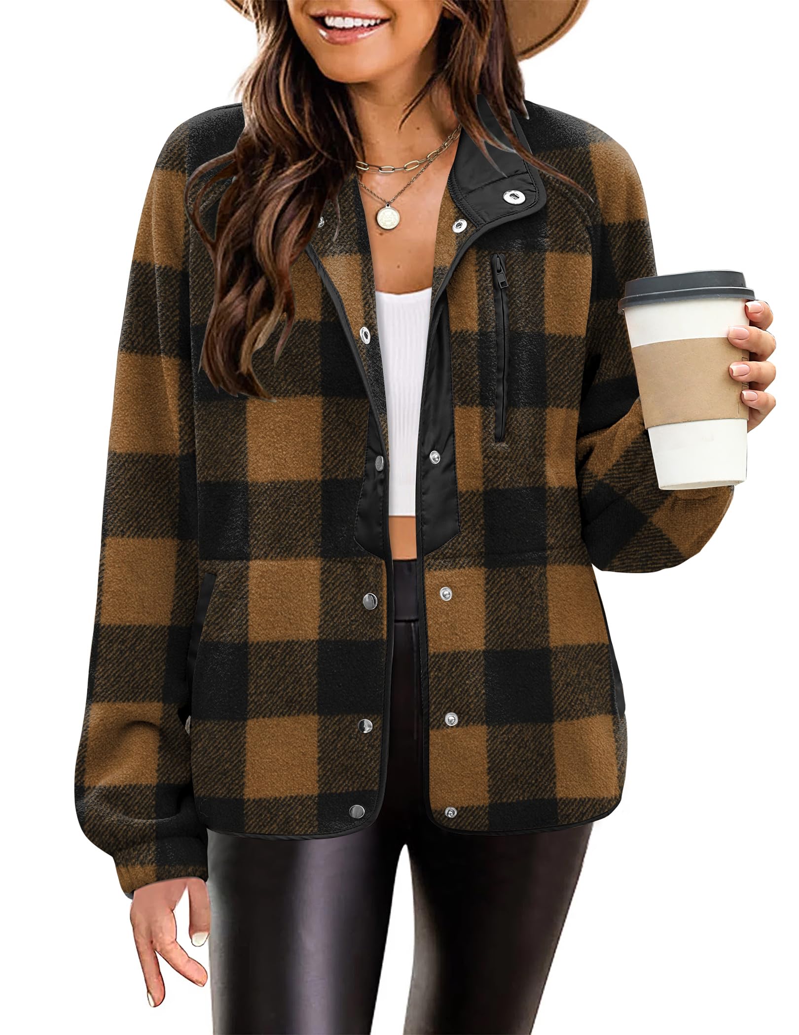 Photo 1 of Zeagoo Womens Plaid Shacket 2025 Fall Fashion Soft Fleece Coat with Pockets Warm Snap Button Down Jacket