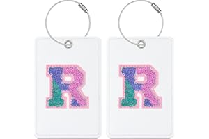 Sodsay 2 PCS Initial Luggage Tag, Luggage Tags for Suitcases Cute Sequin Letter PU Leather Travel Bag Baggage Tags ID Label with Steel Loops for Women Kids Teens(R, White Leather+Colorful Letter)