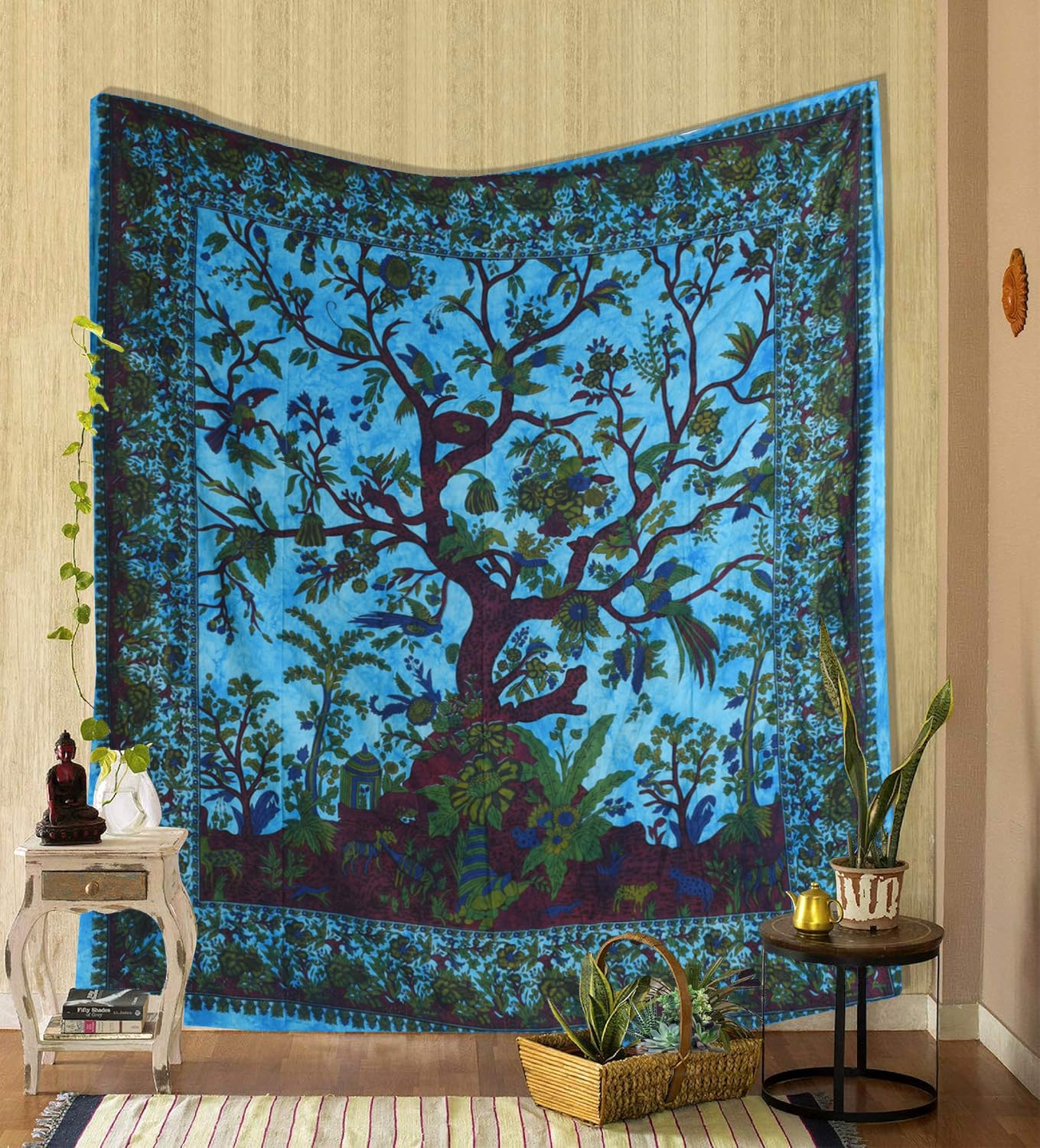 THE ART BOX Tapestry Turquoise Tree of Life Wall Hanging – Indian Cotton Full Size Bedspread, Picnic Sheet, Wall Decor, Blanket, Wall Art for Bedroom (Full, 85x90 Inch)