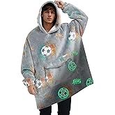 Glow in The Dark Football Wearable Blanket Hoodie for Adult,Oversized Sherpa Fleece Blanket Hoodie for Women Men,Football