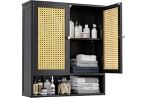 VOVALA Bathroom Wall Cabinet, Bamboo Over-The-Toilet Storage Organizer with 2 Rattan Doors and Adjustable Shelf, Space Saver 