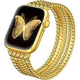 fastgo Gold Beaded Bracelet Band Compatible with Apple Watch Band 41mm/40mm/38mm/44mm/45mm/42mm/49mm Women, Dressy Elastic Stretchy Beaded Strap for Iwatch Series 9 Ultra 8 7 6 5 4 3 2 1 SE(Gold)