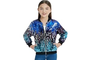 EXARUS Girls Sequin Bomber Jacket with Pockets Sparkle Lightweight Zipper Long Sleeve Jackets for Kid 6-12Y