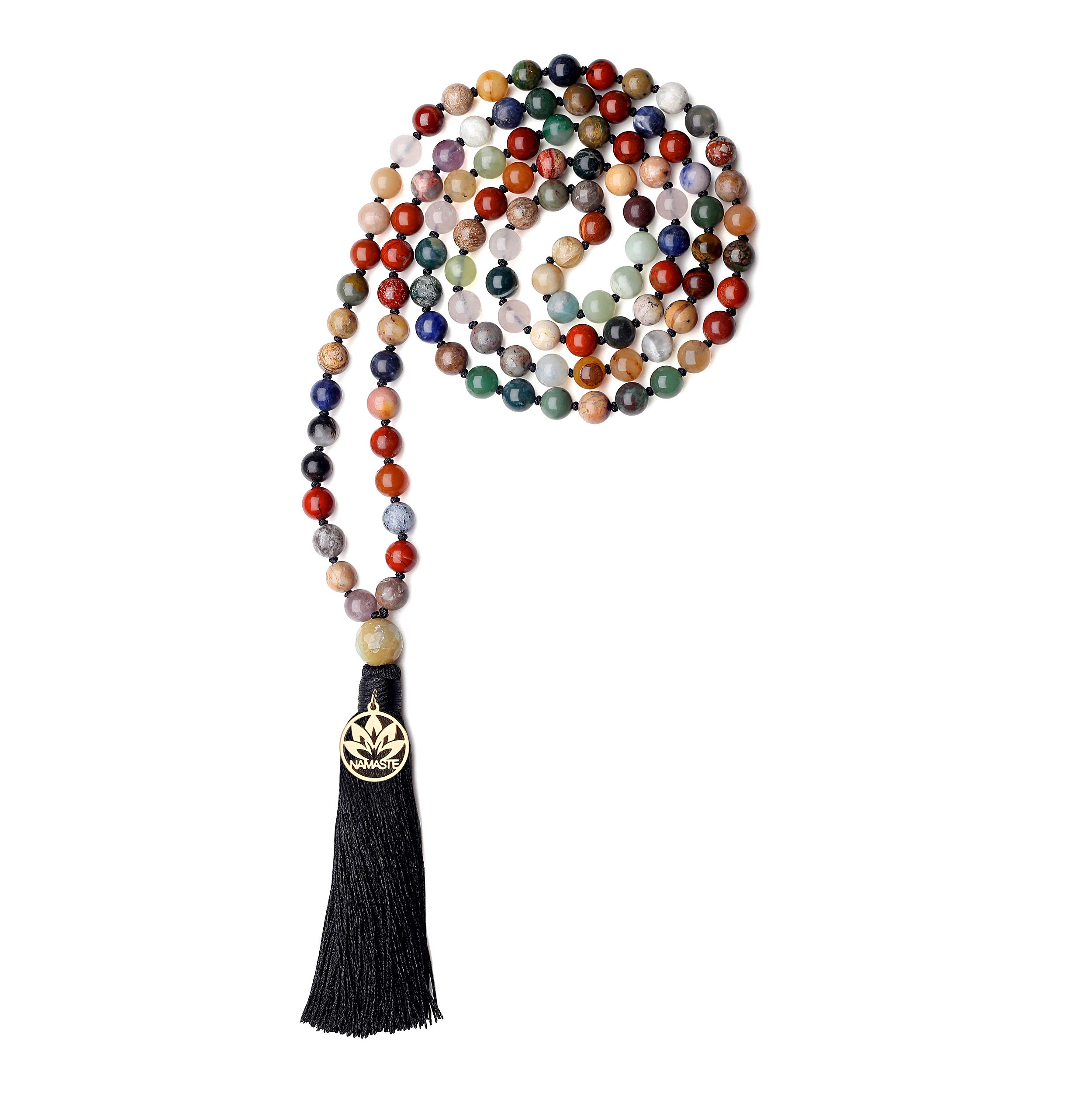 COAI Namaste Charm Hand Knotted Tassel 108 Mala Beads Multi-color Stones Beaded Necklace 8mm