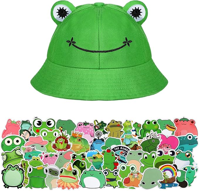 Frog Bucket Hat with 50 Pieces Frog Stickers for Kids Adults, Summer