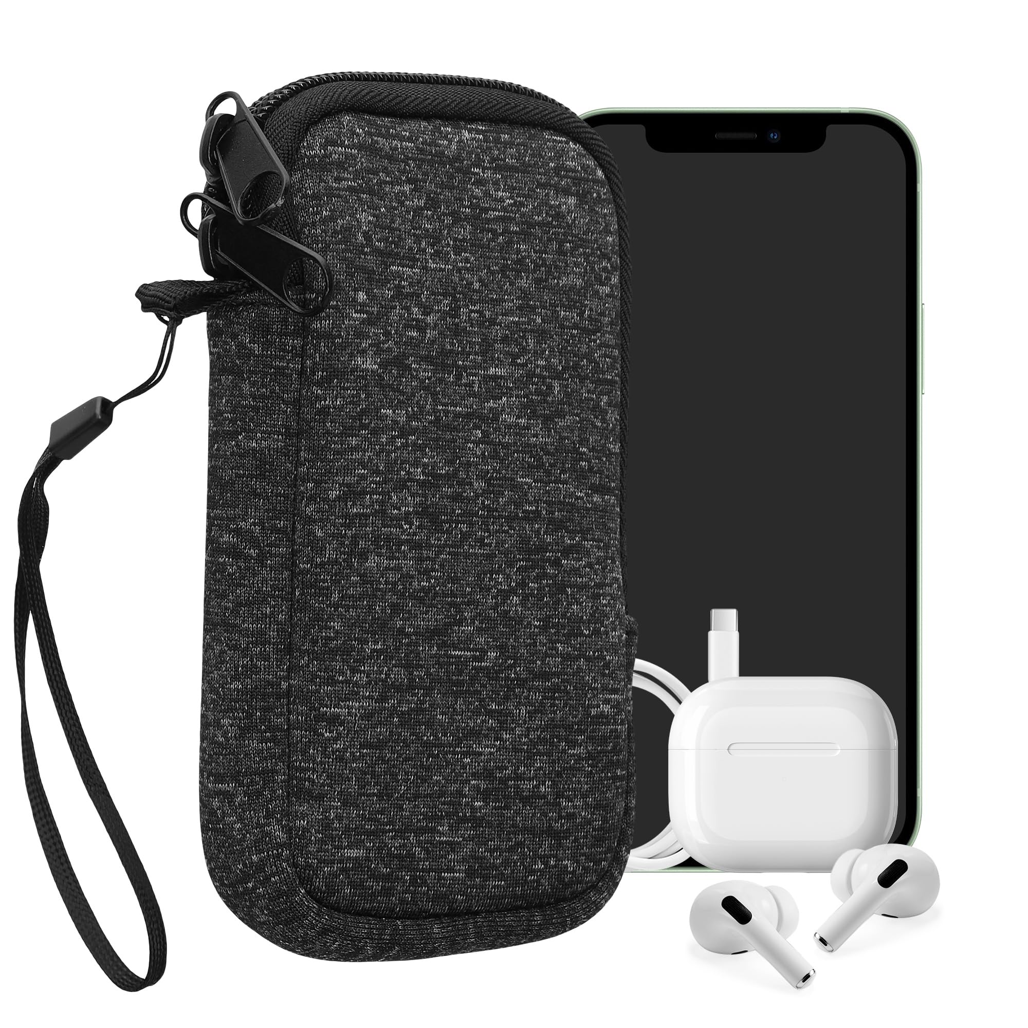 kwmobile Neoprene Phone Pouch Size XS - 3,5/4" - Universal Cell Sleeve Mobile Bag with Zipper, Wrist Strap - Anthracite/White
