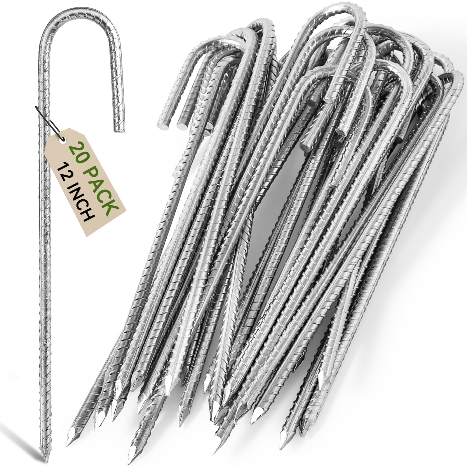 Graxury 12inch Heavy Duty Trampoline Tents Anchor Ground Pegs - Galvanized Steel Rust-Proof J Hook Rebar Stakes Fit Trampolines Camp Garden Shed Swings with Chisel Point End (20 PCS)