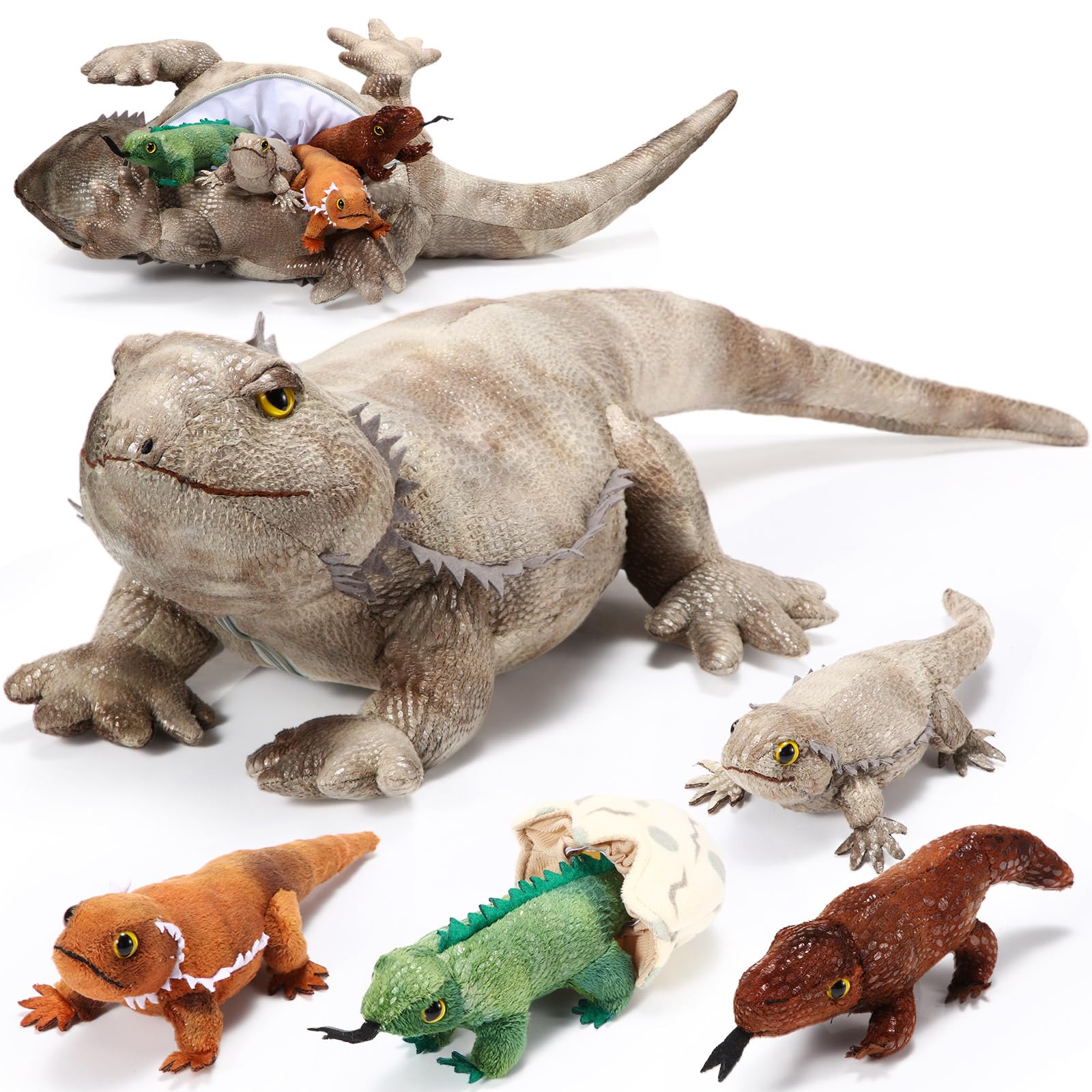Photo 1 of Lenwen 5 Pieces Bearded Dragon Lizard Plush Toy Set 26 Inch Bearded Dragon Stuffed Animal with 4 Baby Lizards, Simulation Iguana Plush for Boy Girl Birthday Pet Party Favor