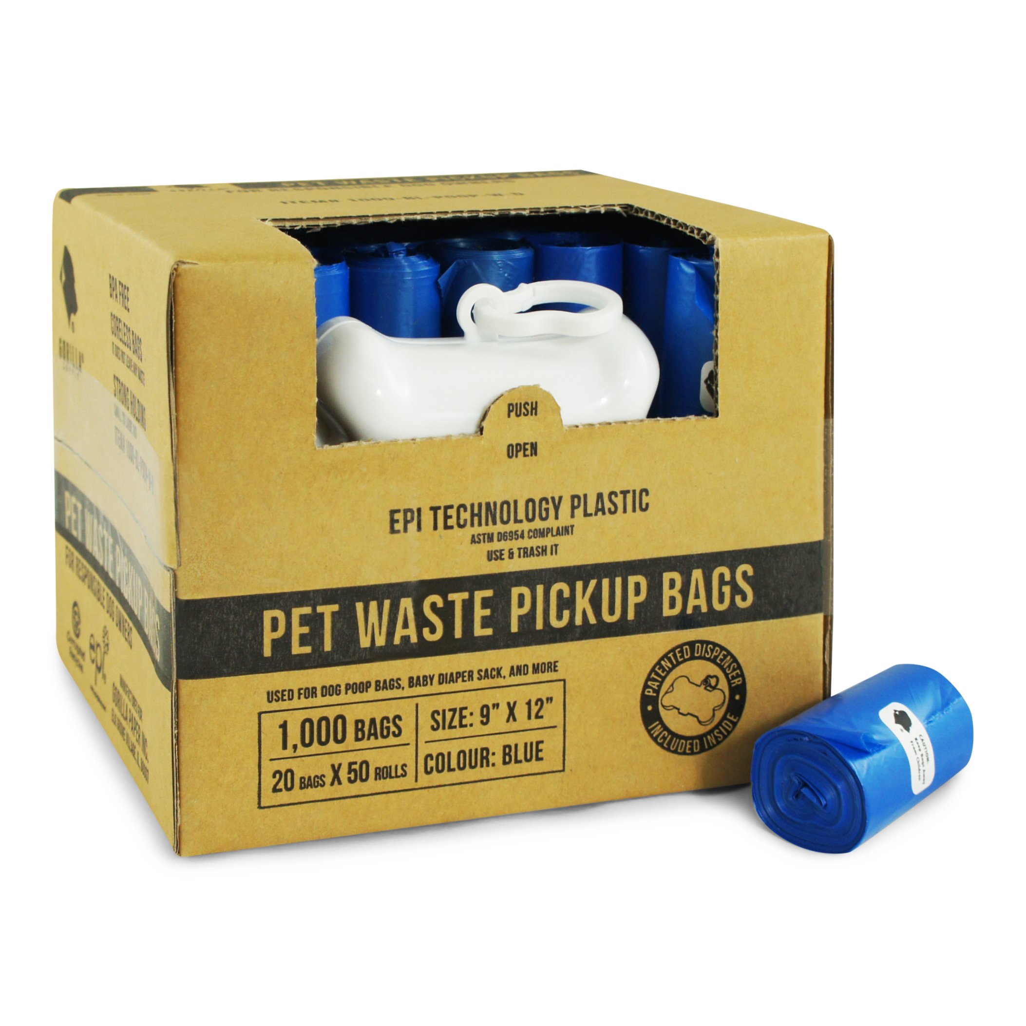 Gorilla Supply 1000 Blue Dog Pet Poop Bags, EPI Technology, 50 Refill