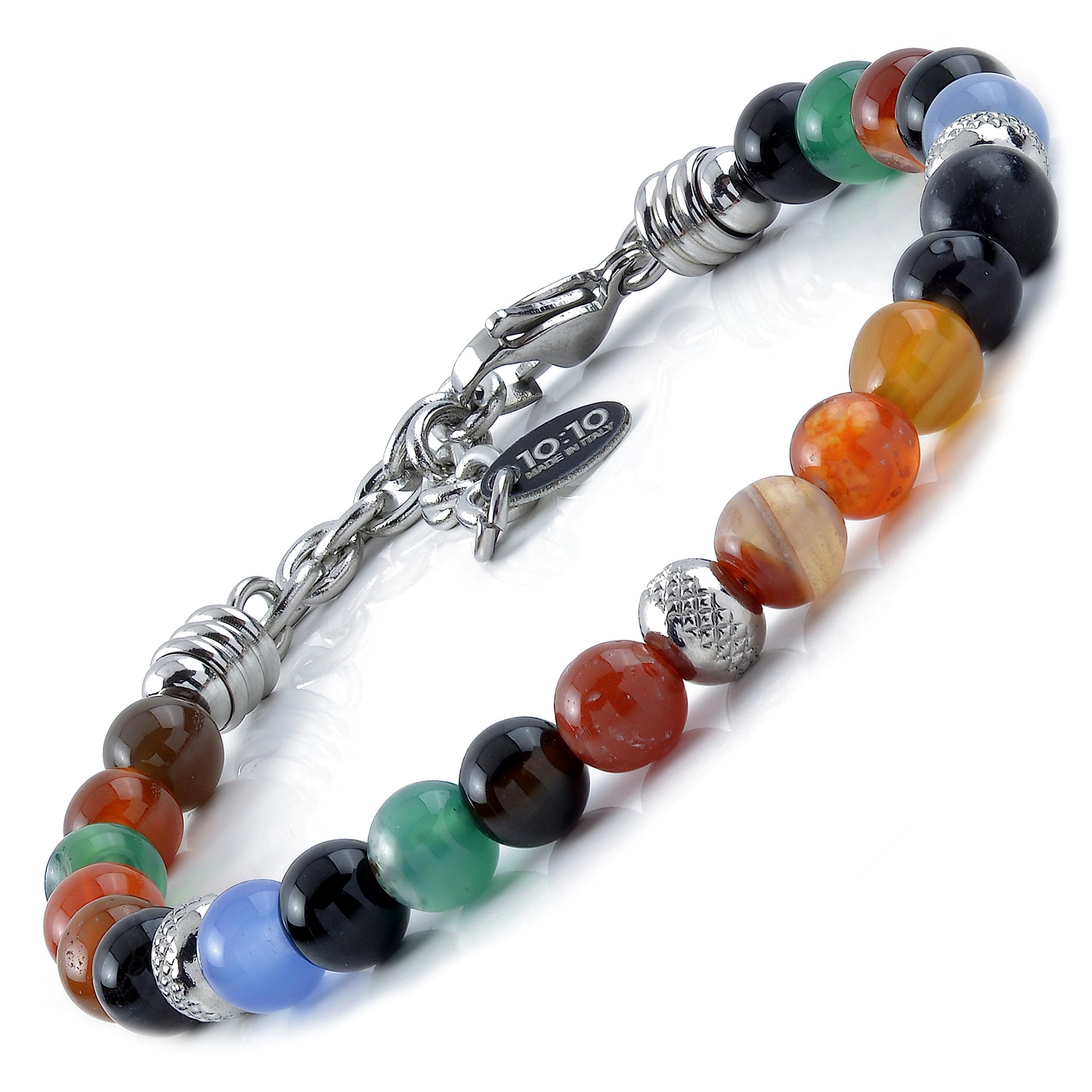 10:10 Jewels Men's and Women's Bracelet with 0,25 inch Natural Agate Multicolor Stones, Male or Female Bracelet with Diamond Beads in Stainless Steel and Very Resistant, Made in Italy