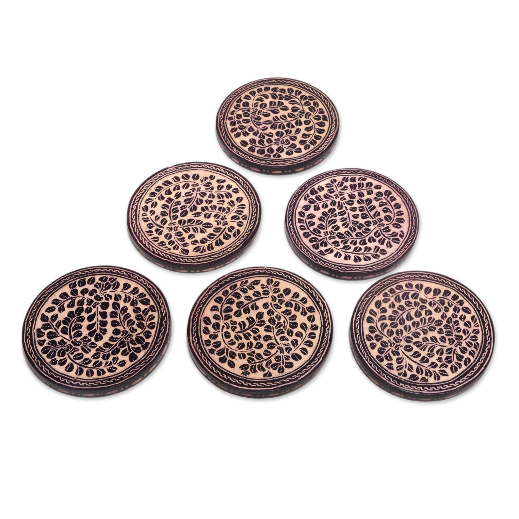 NOVICA Paddy Harvest Wood Batik Coasters (Set of 6), Black