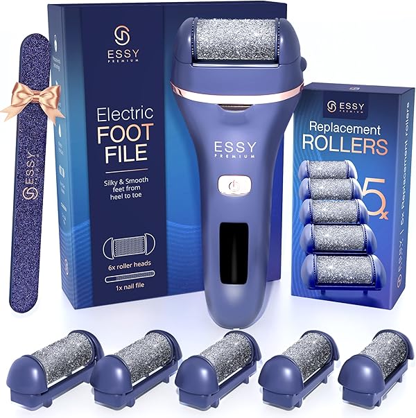 Essy Hornhautentferner Elektrisch mit 5 Ersatzrollen Hornhaut Entfernen Fuß Elektrischer Hornhautentferner Elektrisch Elektrische Hornhautentfernung Hornhaut Pediküre Set Fußpflege (Blau)