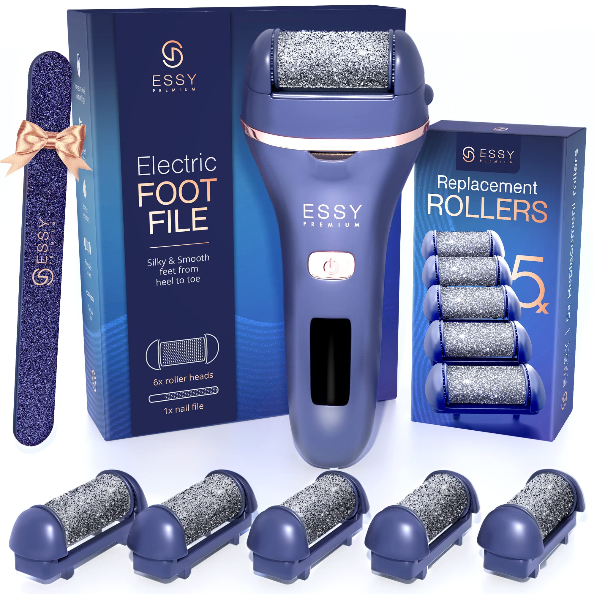 Essy Electric Foot File Hard Skin Remover with 5 Replacement Rollers Foot File Electric Pedicure Sets Cutters Accessories for Dry Dead Hard Skin Feet Callus Remover for Feet Care Exfoliator (Navy)