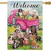 Covido Home Decorative Welcome Easter Eggs Pink Truck Dog House Flag, Country Puppy Garden Yard Daffodil Tulip Daisy Flowers Outside Decoration, Spring Floral Outdoor Large Decor Double Sided 28 x 40
