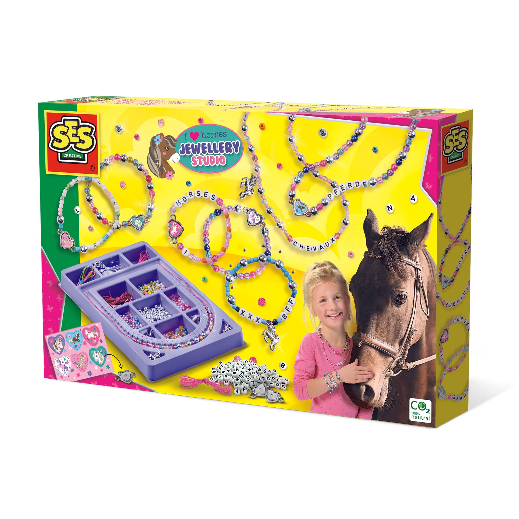 SES Creative I Love Horses Jewellery Studio Set, Beads, Elastic, Cord, Letter Beads and Horse Charms, Makes Necklaces and Bracelets, Includes Sorting Tray, Arts and Crafts for Kids