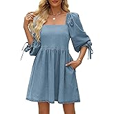 POTILI Denim Dress for Women Square Neck Jean Dress Puff Sleeve Babydoll Casual Denim Romper Outfit with Pockets