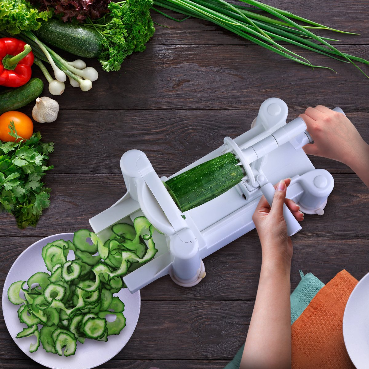 kemmo 3-Blade Spiralizer Vegetable Slicer Veggie Pasta Spaghetti Maker for Spiral Vegetable Slicer, Healthy Low Carb/Paleo/Gluten-Free Meals Powerful Suction Base Vegetable Slicer