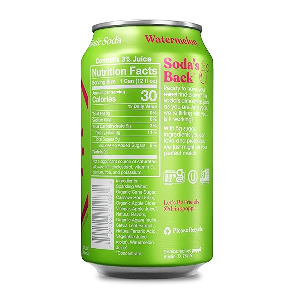 POPPI SPARKLING PREBIOTIC SODA BEVERAGE WITH APPLE CIDER VINEGAR, SELTZER WATER AND FRUIT JUICE, WATERMELON FLAVOR, 12 FL OZ, 1 COUNT, PACKAGING MAY VARY