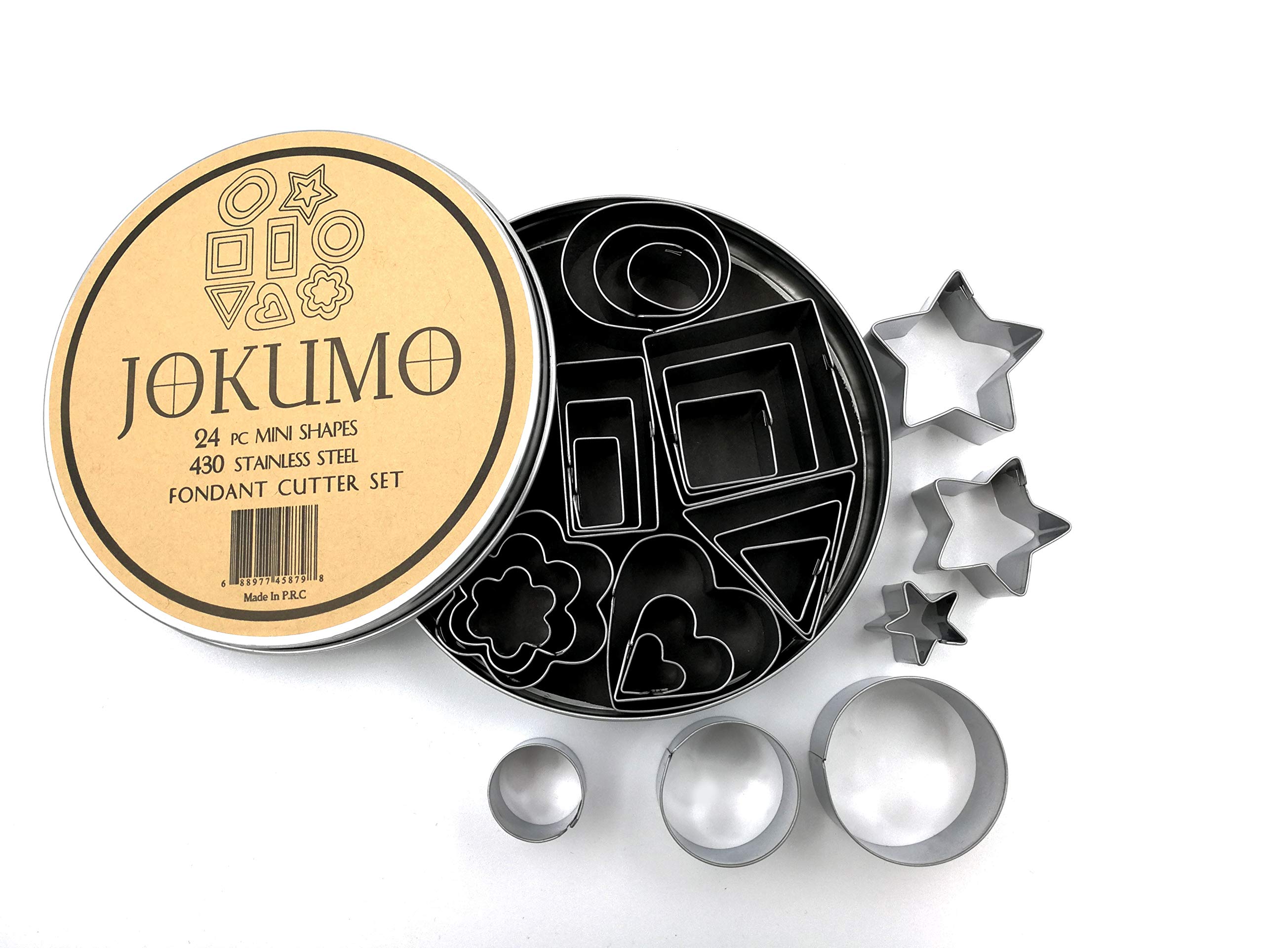 JOKUMO Mini Multi Shape Fondant Cutters Set – 24 Pc Set 430 Stainless Steel - Great for Fondant and Crafting Clay- Stars, Hearts, Flowers, 5 Type of Geometric Shape