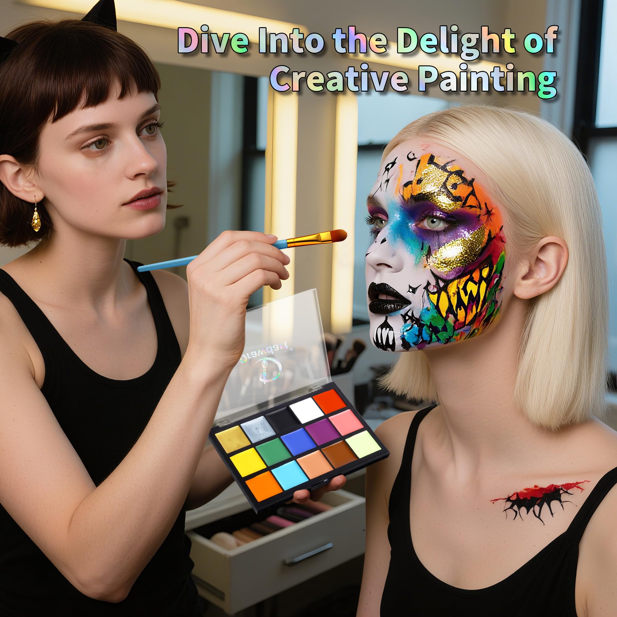 Drawdart Face Body Paint Kit, 15 Colors Face Painting Palette with 10 Pcs Artist Brushes| Facepaint Makeup Kit Ideal for Halloween SFX Cosplay Party Costume Makeup
