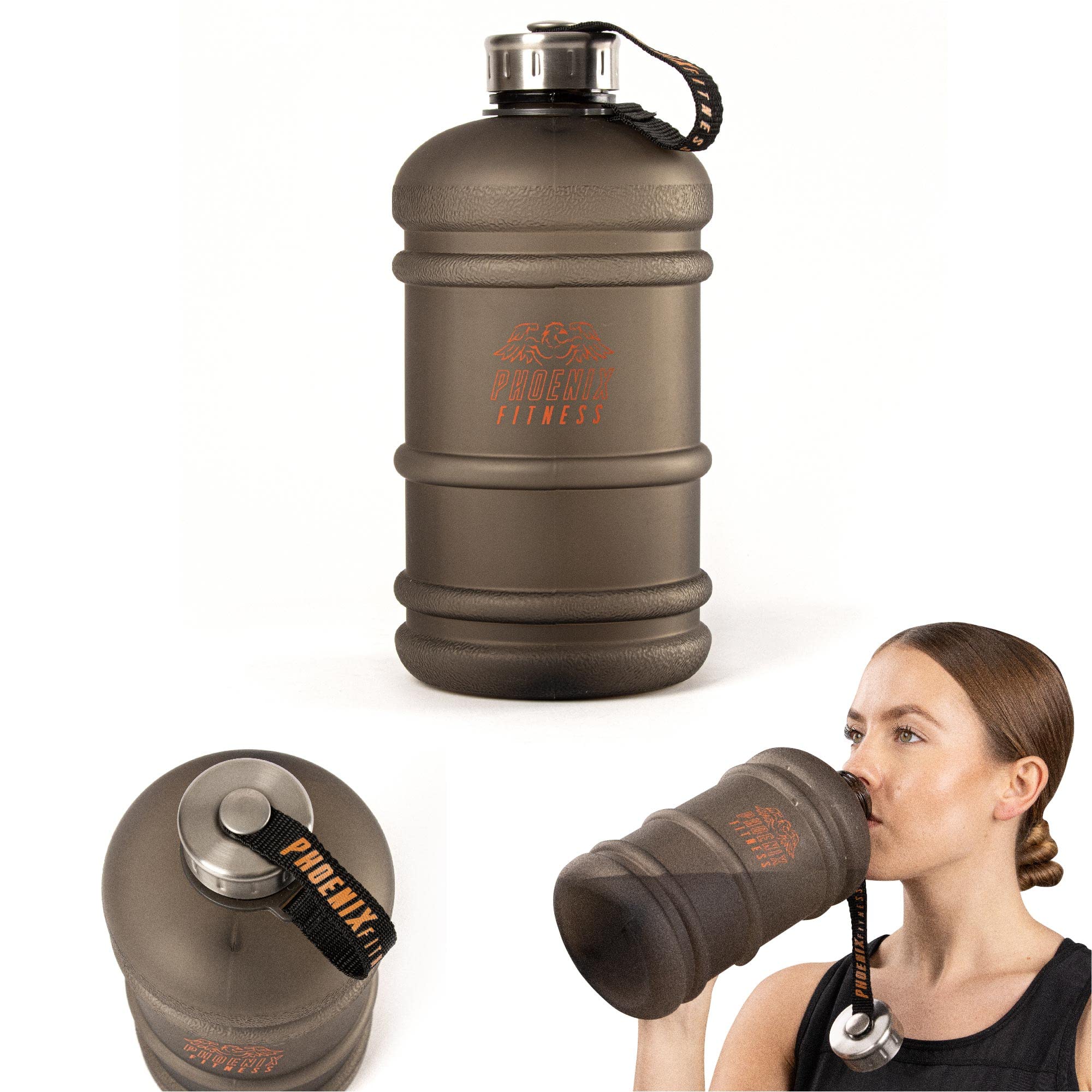 Phoenix Fitness Water Bottle - 2L Drinks Bottle with Leakproof Cap and Carry Strap - Lightweight Bottle for Sports, Gym & Travel - BPA Free & Non Toxic - Black