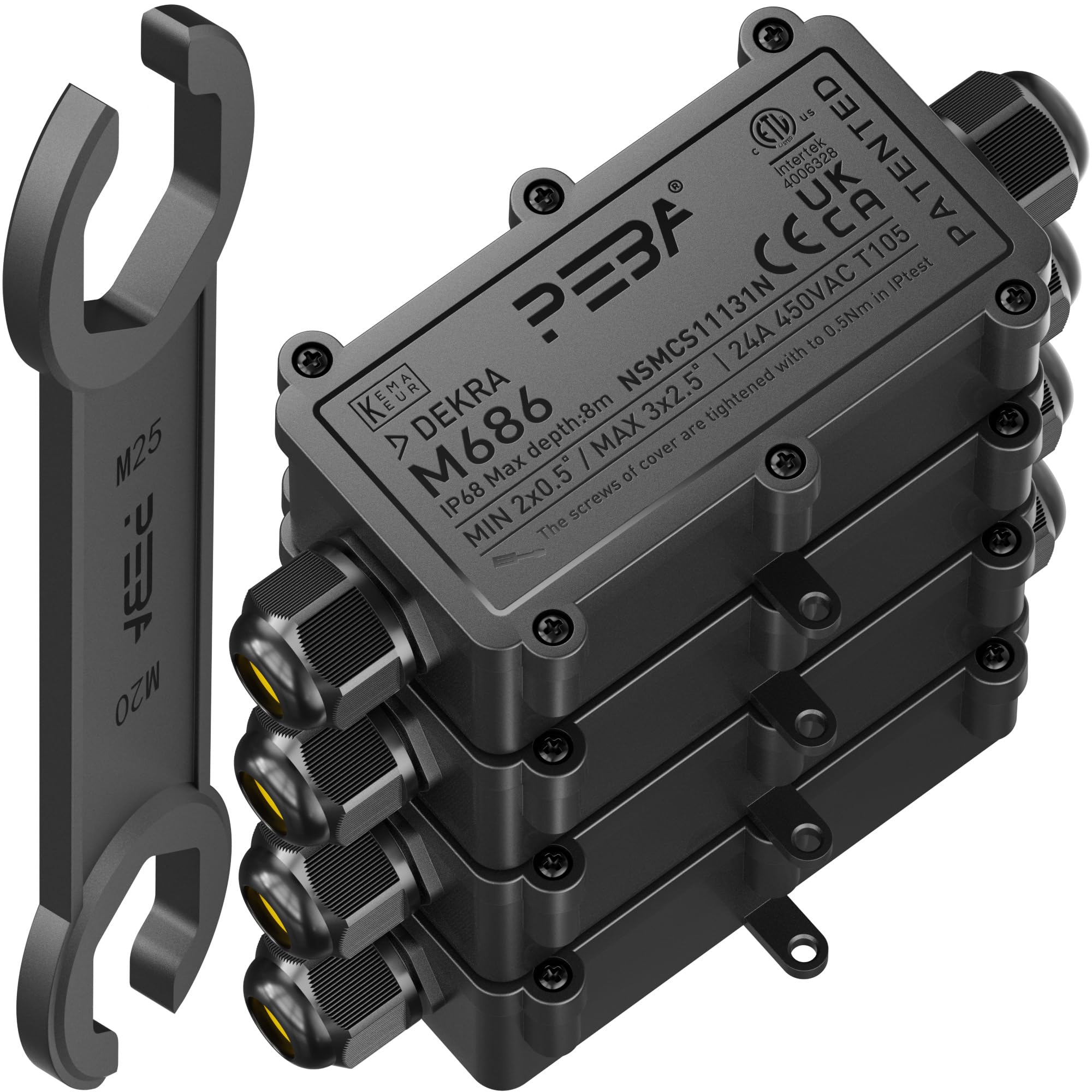 PEBA® IP68 Waterproof Junction Box, Outdoor 2-Way Wire Protectors (4 Pack, Ø4mm-12mm Black)