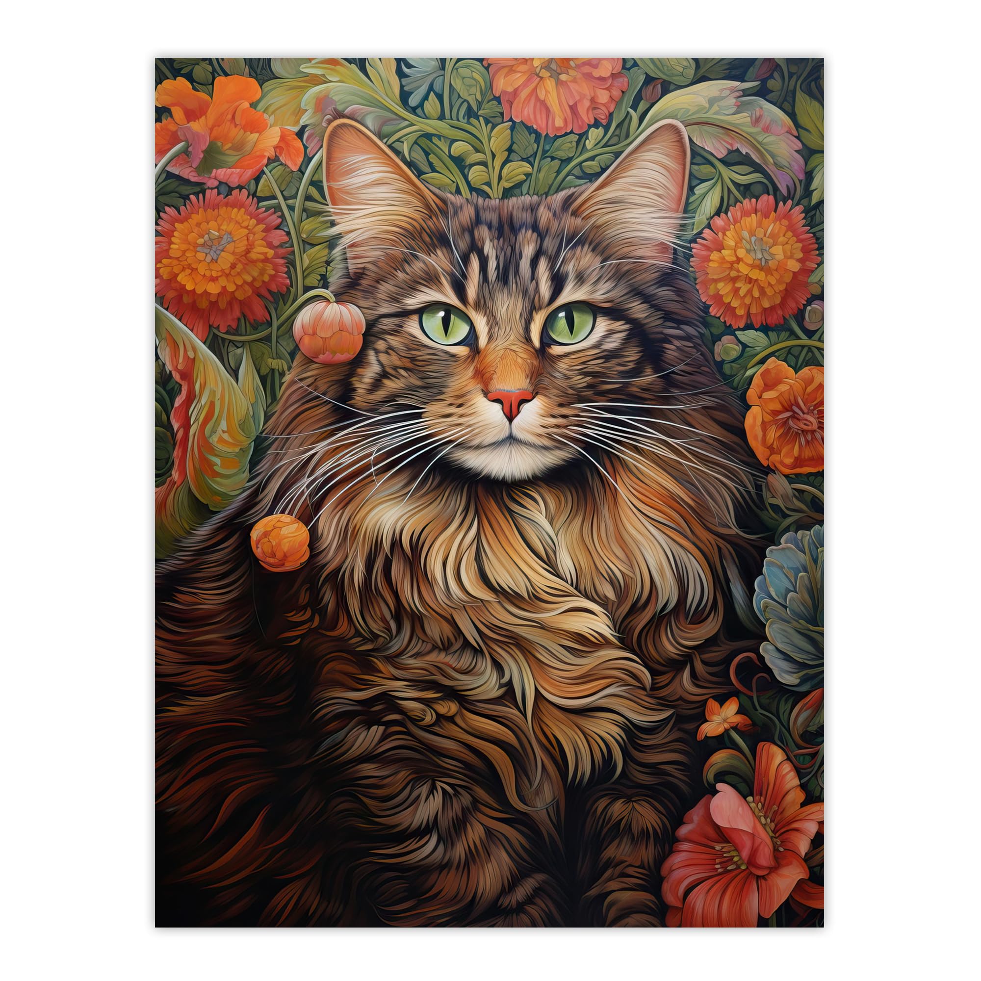 Artery8 Norwegian Forest Cat Floral Painting Detailed Animal Portrait With Spring Garden Flower Blooms Unframed Wall Art Print Poster Home Decor Premium