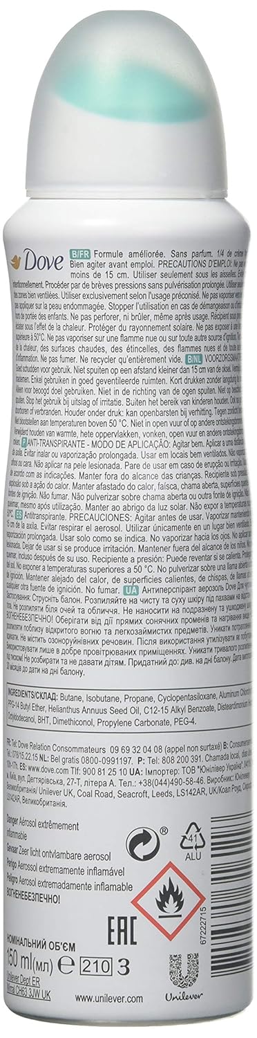 (6 PACK) DOVE Dry Spray Antiperspirant 48 hours, (Sensitive) 5oz : Beauty