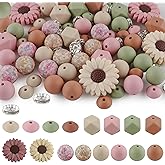 Kovict 82Pcs 12mm 14mm 15mm Silicone Beads for Keychain Making, 10mm Rondelle Rhinestone Spacer Print Hexagon Round Camel Navajo Matcha Blush Sunflower Silicone Focal Beads for Pens
