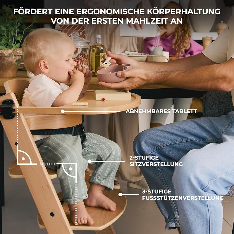 ENOCK Kinderhochstuhl, kompatibel mit Babyliege CALMEE, niedriger Stuhl, abnehmbarer Schutzbügel und Gurt, ab 6 Monaten bis 10 Jahre, Rückenlehne verstellbar