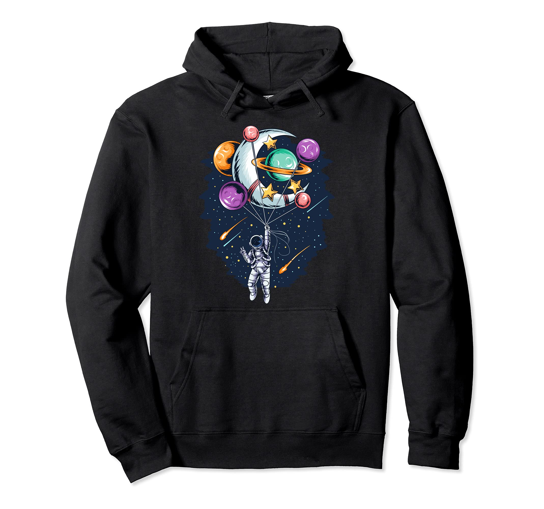 Space Astronaut Flying Holding Planet and Moon Balloons Pullover Hoodie