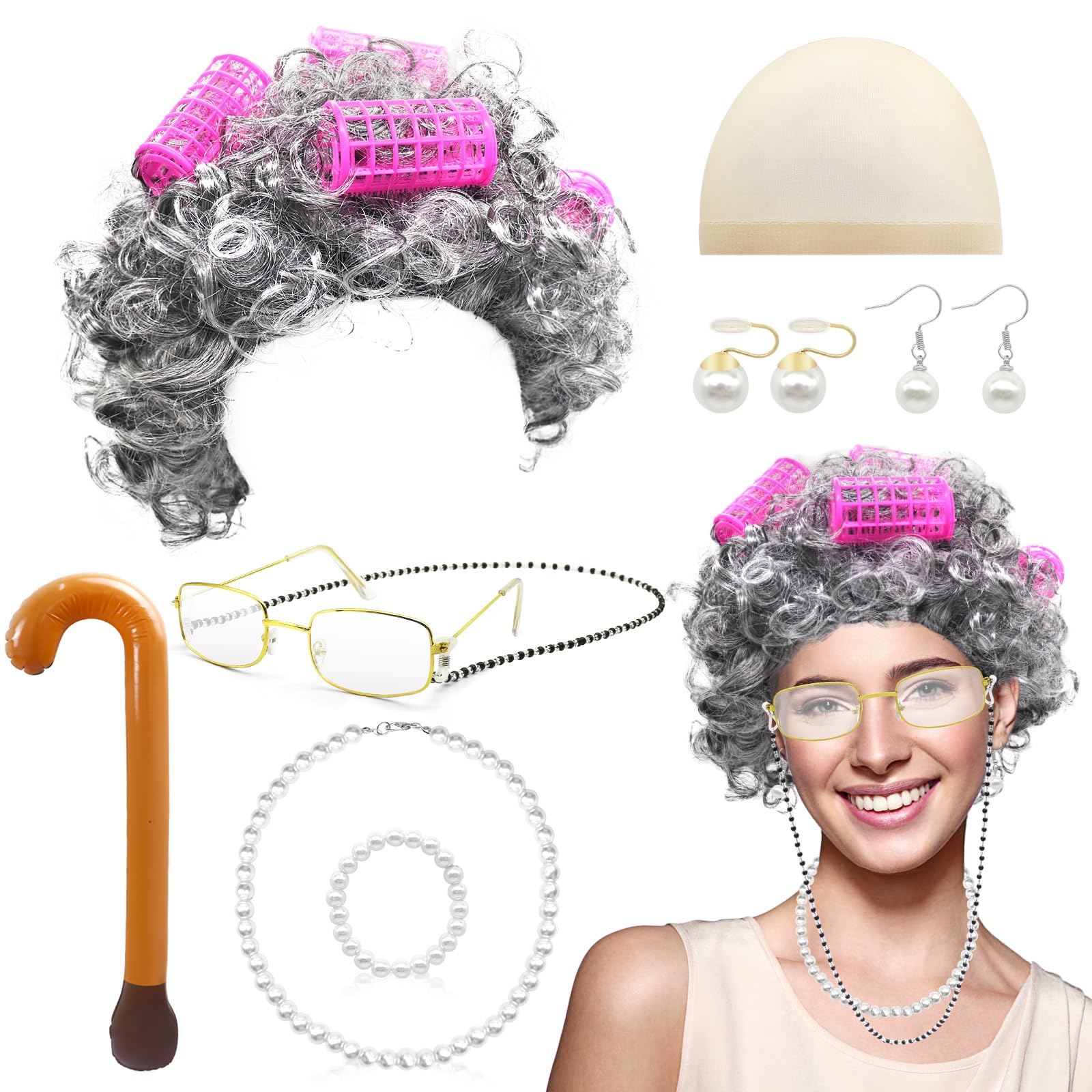 GLGHMH 12pcs Old Lady Costume Set, Grandma Wig Cap Including Glasses Pearl Earring Bracelet Necklace Inflatable Walking Stick, Grandmother Fancy Dress Costume for Christmas Halloween World Book Day
