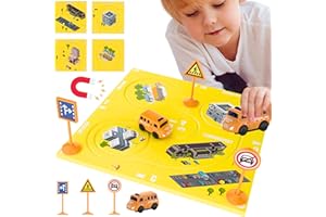 MOBIUS TOYS Kids Race Track Toys for Boys - (8 Piece) Magnet Tile Puzzle Racer Car Track for Kids Toys Boys 3-5 w/School Bus Vehicle, Road Signs, Traffic Lights, Montessori Building Toy Gifts for Toddler Boys