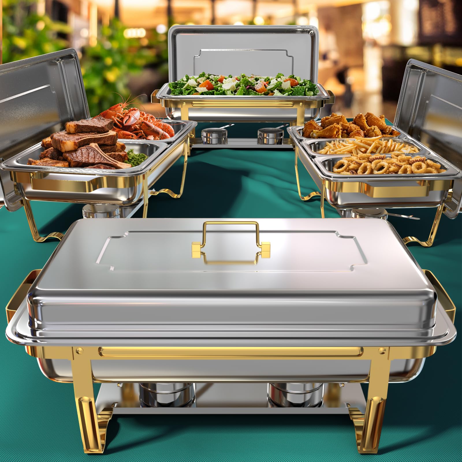 Photo 1 of 9Qt Chafing Dishes for Buffet 4 Pack [Multiple Size Food Pans] | Chafing Dish Buffet Set [Screw-free Installation] with Stackable Design [Less Storage Space] for Wedding/Party