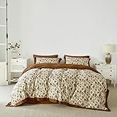 YuHeGuoJi Brown Floral Duvet Cover King 100% Cotton 3 Pcs Set 1 Beige Flower Duvet Cover with Zipper Ties 2 Pillow Shams Vintage Exotic Boho Botanical Burnt Orange Wide Trim Bedding Set Soft