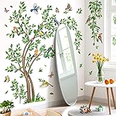 decalmile Large Green Tree Wall Decals Flying Leaves Hanging Vines Birds Wall Stickers Bedroom Living Room Sofa TV Background Home Decor