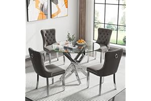 KUVADAZ 36" Modern Silver Glass Dining Room Table Set for 4, 5-Piece Round Kitchen Dining Table Set with Cross Metal Legs and 4 Grey Velvet Upholstered Chairs, Glass Kitchen Table and Chairs Set