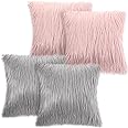 Irenare 4 Pack Faux Fur Throw Pillow Covers Square Cushion Cover Fuzzy Pillow Case Soft Decorative Pillowcase for Sofa, Couch, Chair, Bed, 16 x 16 Inch (Pink, Gray)