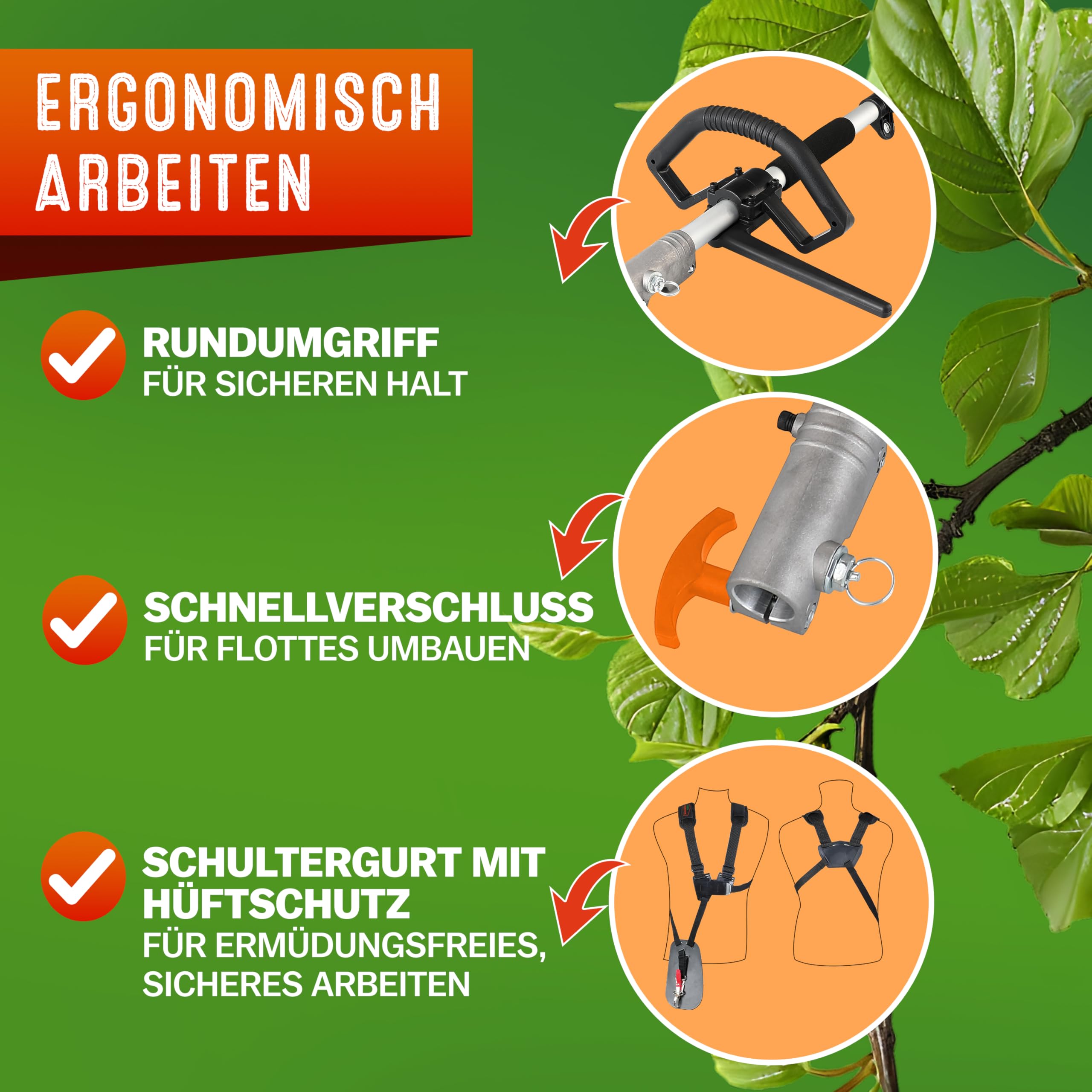 GARDEBRUK® Benzin Motorsense Freischneider 5 in 1 Heckenschere Rasentrimmer Hochentaster 2 PS Tragegurt verstellbar 1m Verlängerung 6