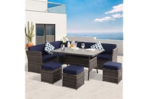 LOUVIXA Patio Furniture Set, 7 Pieces Patio Dining Sets, All Weather Outdoor Wicker Conversation Loveseat Set with Dining Table, Ottoman
