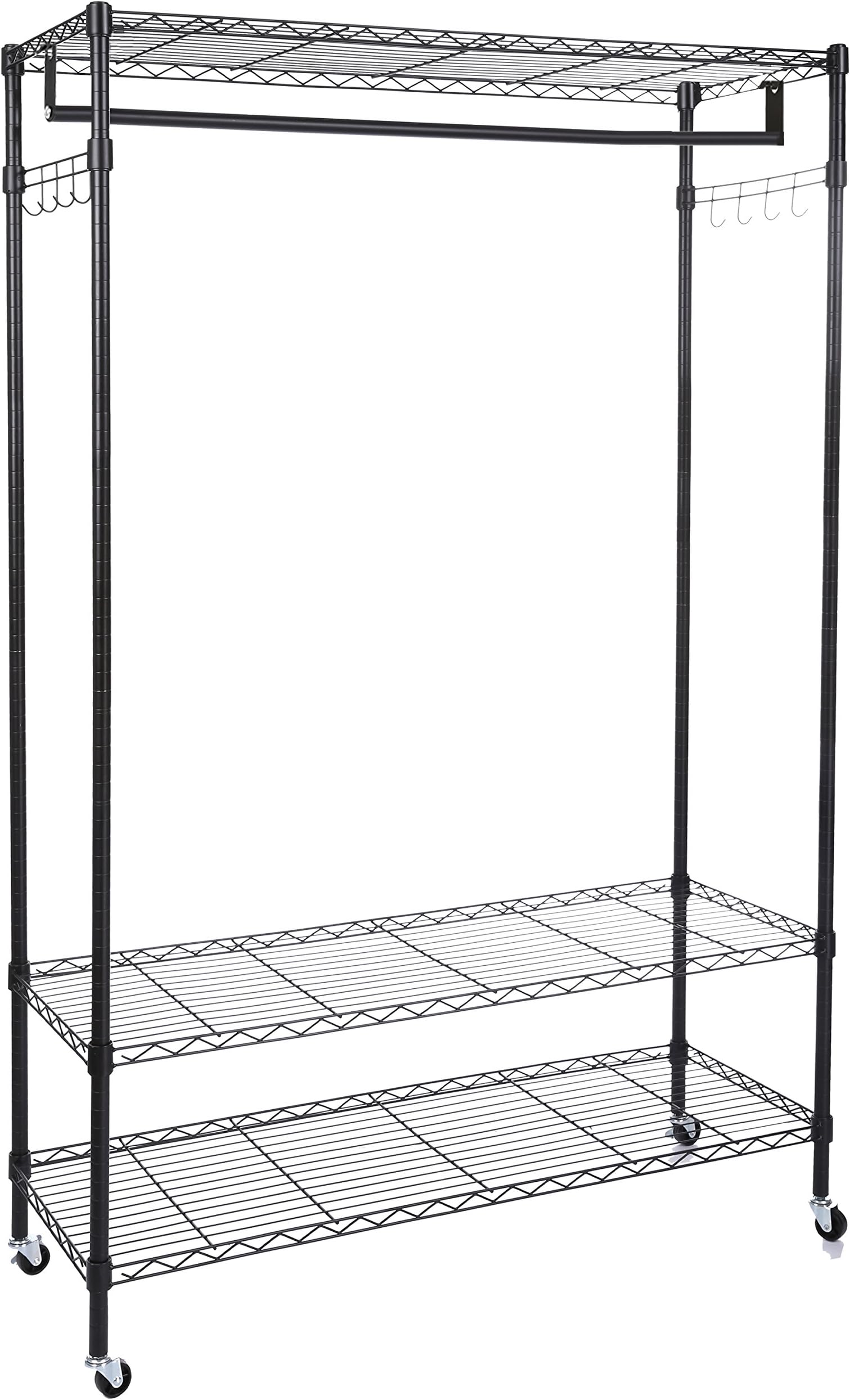 BATHWA Clothing Rolling Rack, 3 Tiers Heavy Duty Garment Rack, with Lockable Wheels, 2 Side Hooks and 1 Clothes Rod (Black)