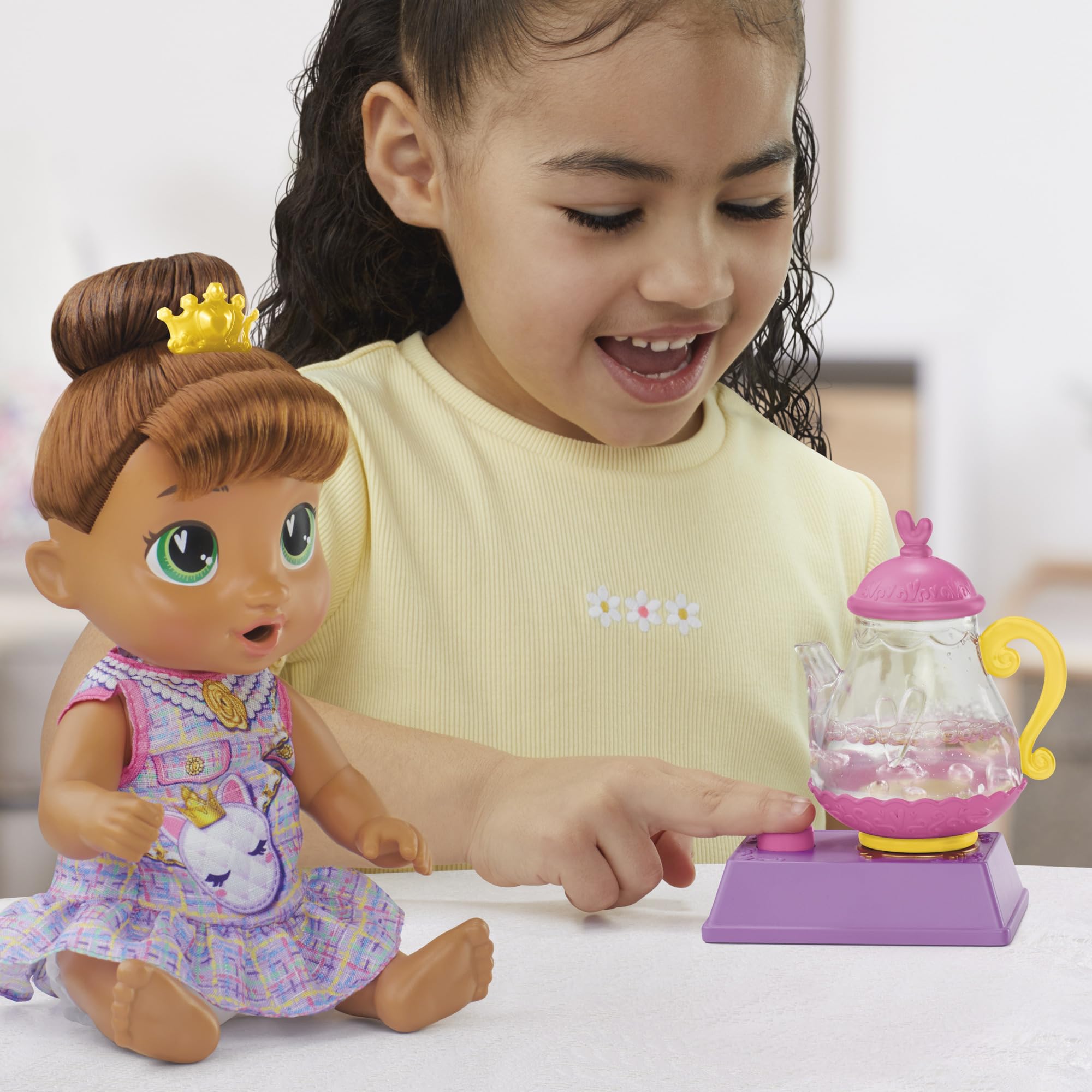 Baby Alive Bubbly Tea Party Sophia Sparkle Doll with Teapot Accessories, Brown Hair, 11 Inches, Kids Toys, Ages 3+