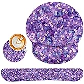 Britimes Purple Leaves Oil Painting Ergonomic Mouse Pad Set with Wrist Rest Non-Slip Rubber Base Wrist Cushion Support and Coasters Mousepad with Wrist Support for Computer Keyboard and Desk